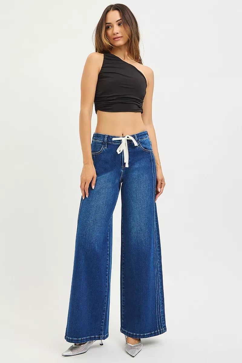 Full Size Mid Rise Wide Side Pintuck Jeans with Front Drawstring Plus Size