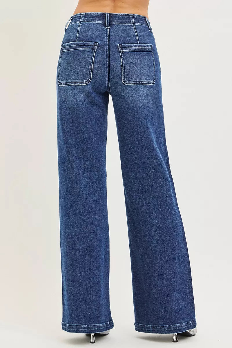 High Rise Wide Leg Slanted Pocket Jeans