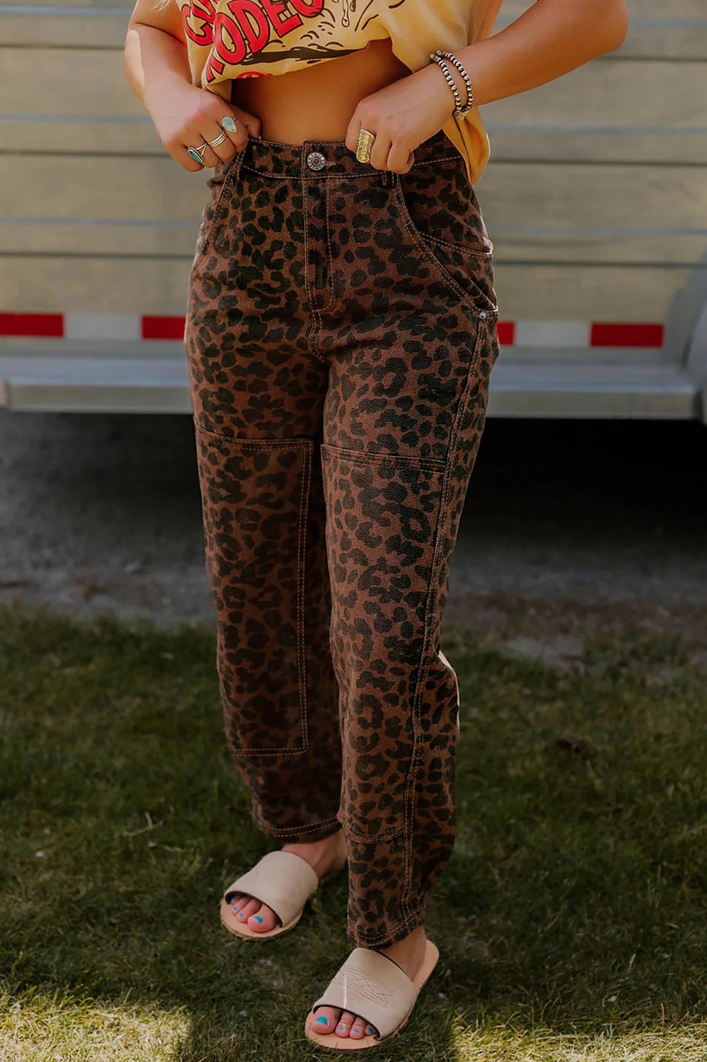 Brown Clear Seam Detail Patchwork Leopard Print Jeans