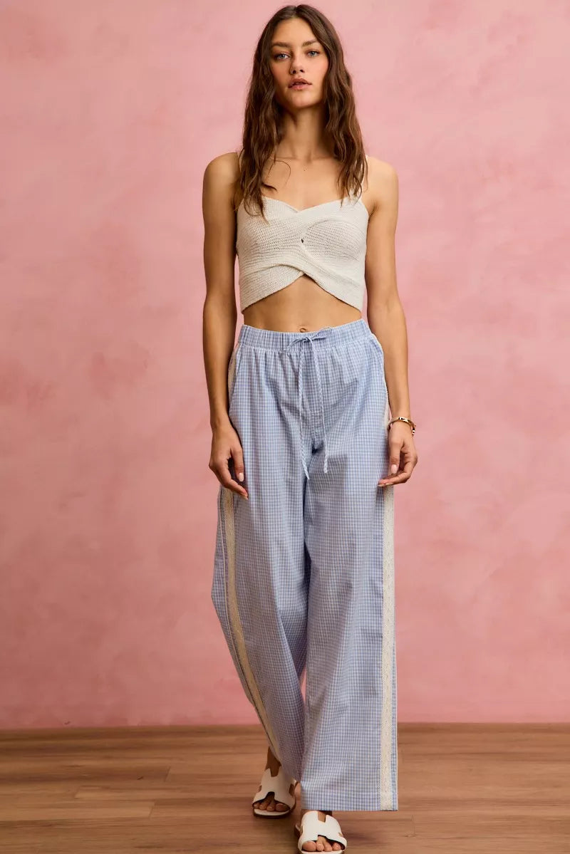 Wide Check Pants With Side Lace Trim And Piping